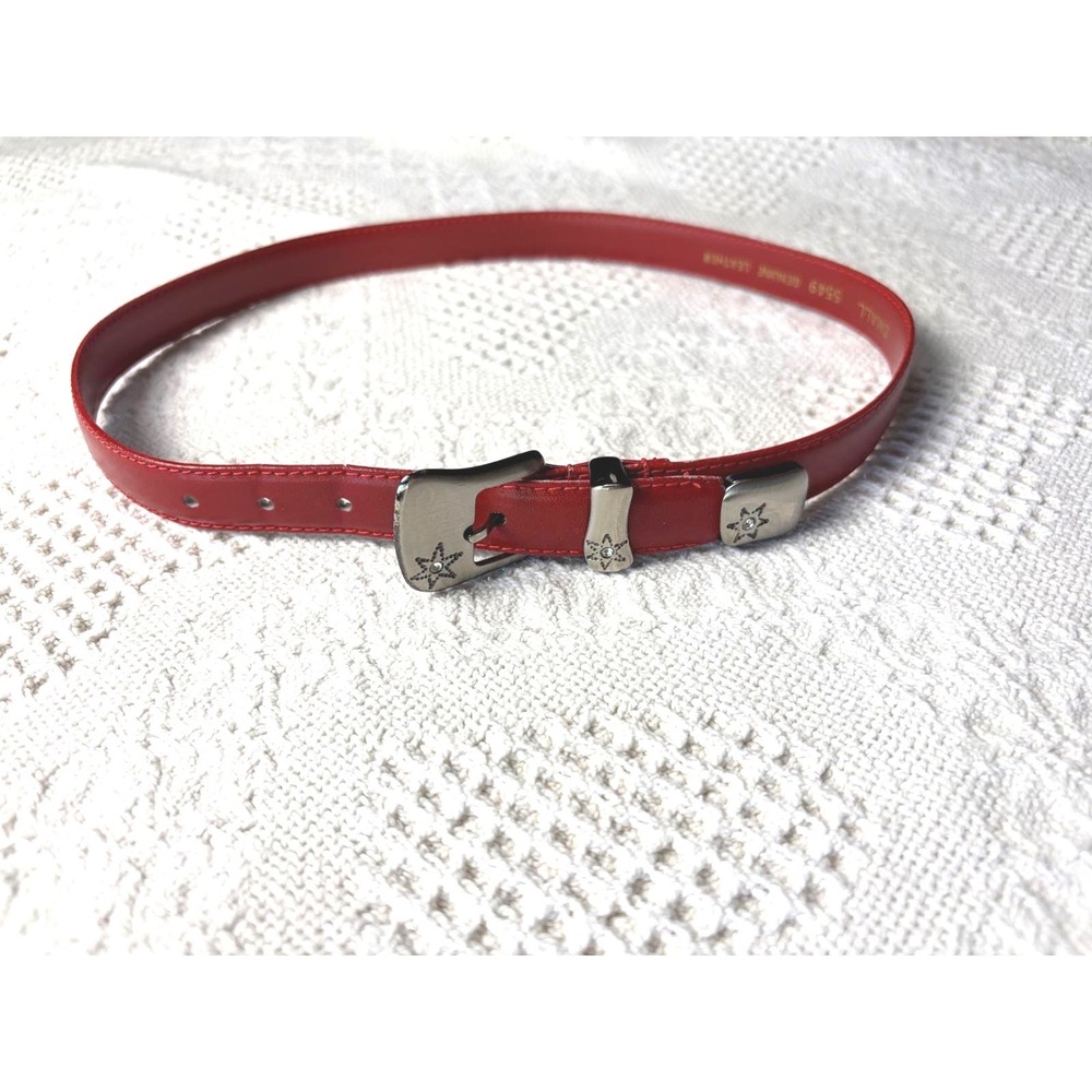 Vtg‎ 90s Red Leather Skinny Belt Silver Celestial Star Rhinestone Small 5549
